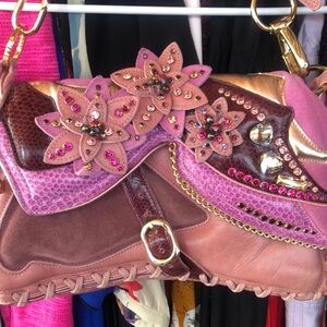 Pink and Brown Shoulder Bag with Ornate Details